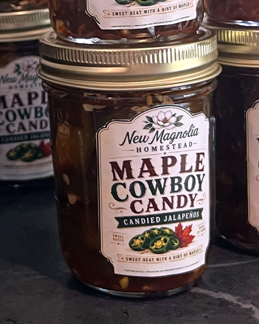 New Magnolia Homestead Maple Cowboy Candy candied jalapeños, small quilted jelly jar