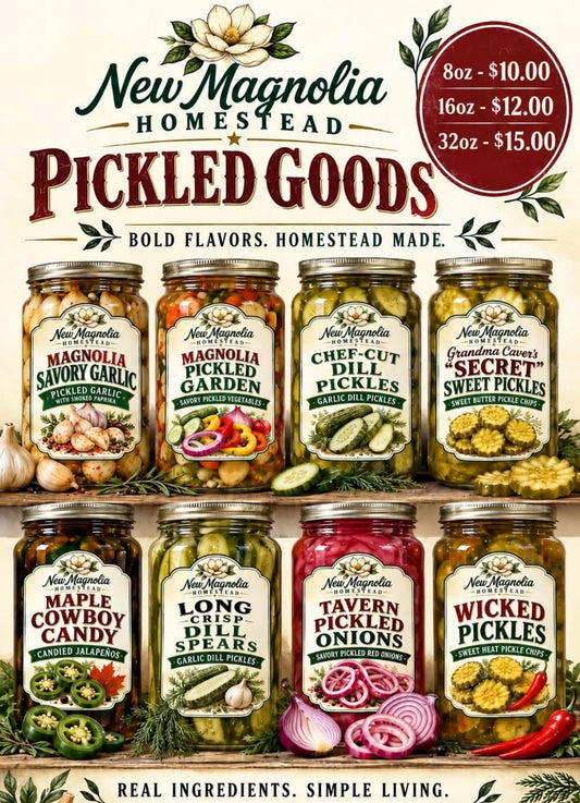 New Magnolia Homestead pickled goods lineup: 8 oz $10, 16 oz $12, 32 oz $15