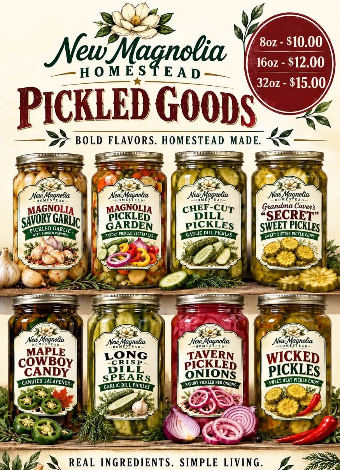 New Magnolia Homestead pickled goods lineup: 8 oz $10, 16 oz $12, 32 oz $15