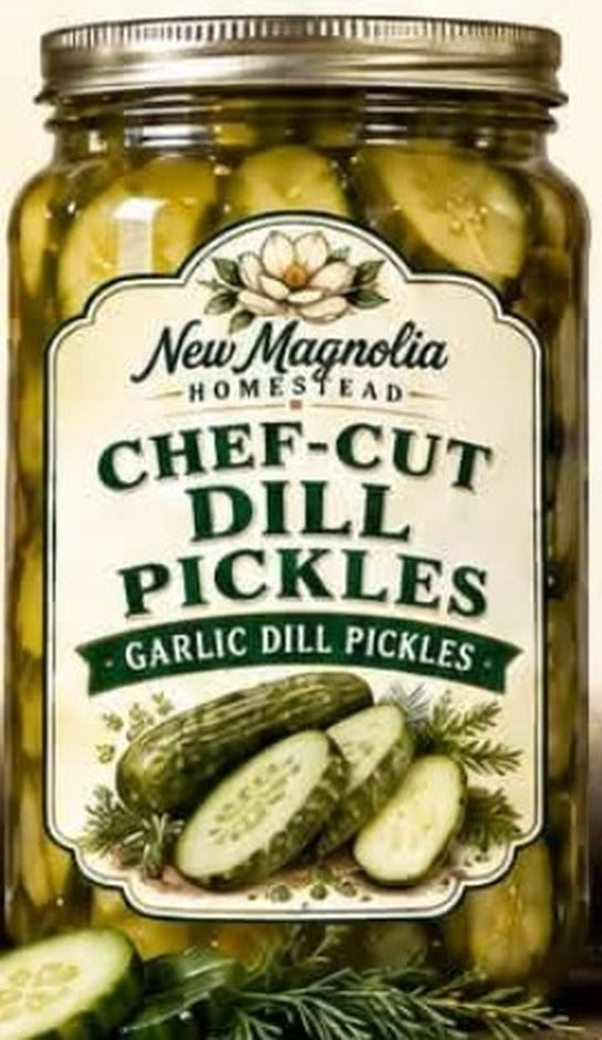 Chef-Cut Dill Pickles, garlic dill pickles, New Magnolia Homestead label