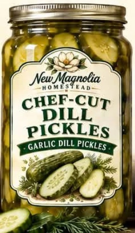 Chef-Cut Dill Pickles, garlic dill pickles, New Magnolia Homestead label