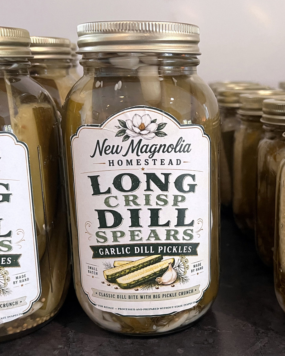 New Magnolia Homestead Long Crisp Dill Spears garlic dill pickles, quart jar