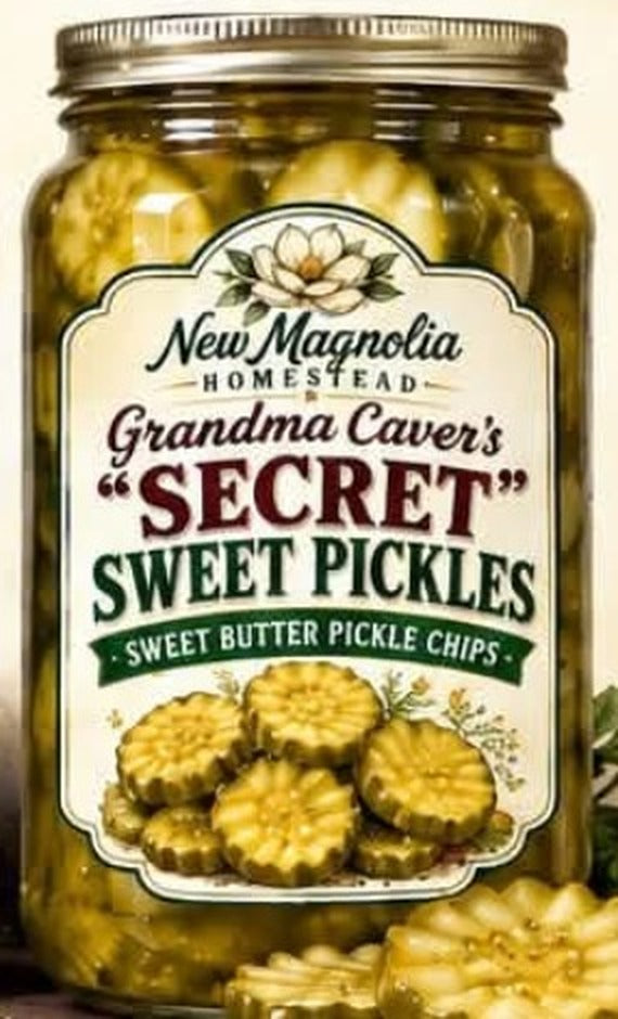 Grandma Caver’s “Secret” Sweet Pickles, sweet butter pickle chips, New Magnolia Homestead label