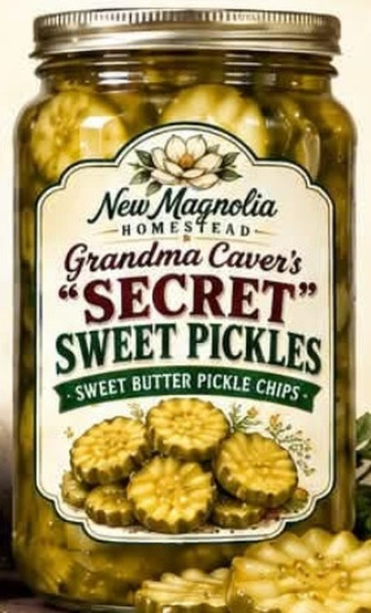 Grandma Caver’s “Secret” Sweet Pickles, sweet butter pickle chips, New Magnolia Homestead label