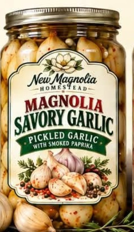 Magnolia Savory Garlic, pickled garlic with smoked paprika, New Magnolia Homestead label