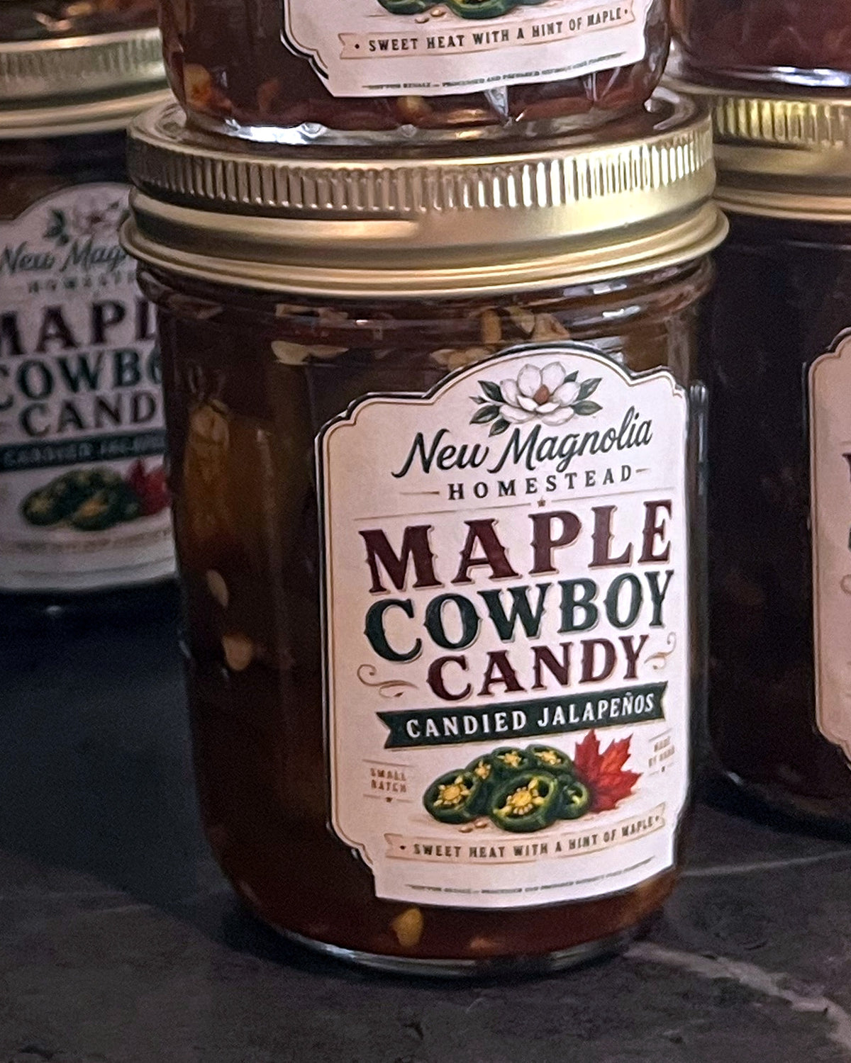 New Magnolia Homestead Maple Cowboy Candy candied jalapeños, small quilted jelly jar