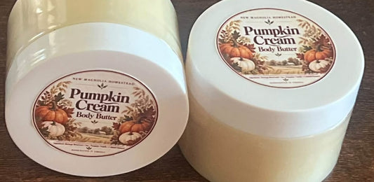 Pumpkin Cream Body Butter jars from New Magnolia Homestead