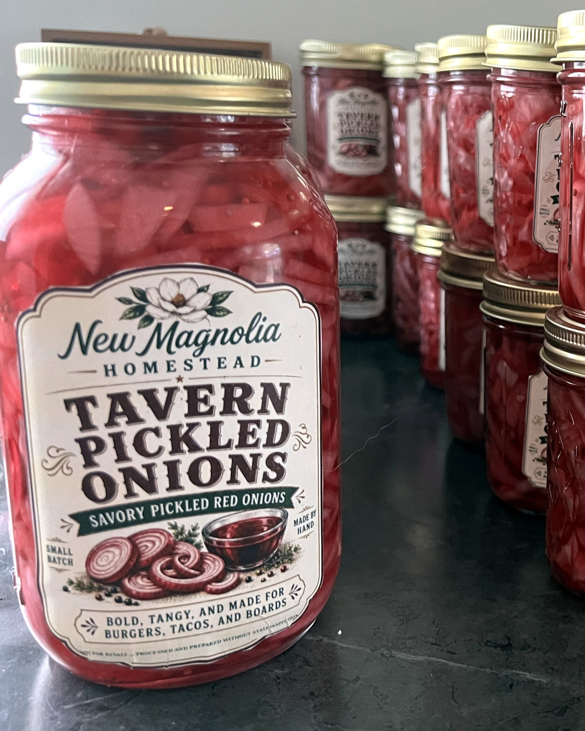 New Magnolia Homestead Tavern Pickled Onions savory pickled red onions, quart jar