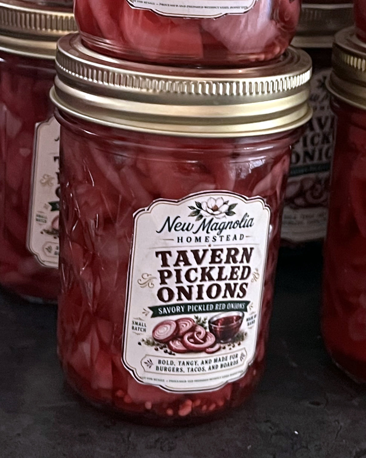New Magnolia Homestead Tavern Pickled Onions savory pickled red onions, small quilted jelly jar