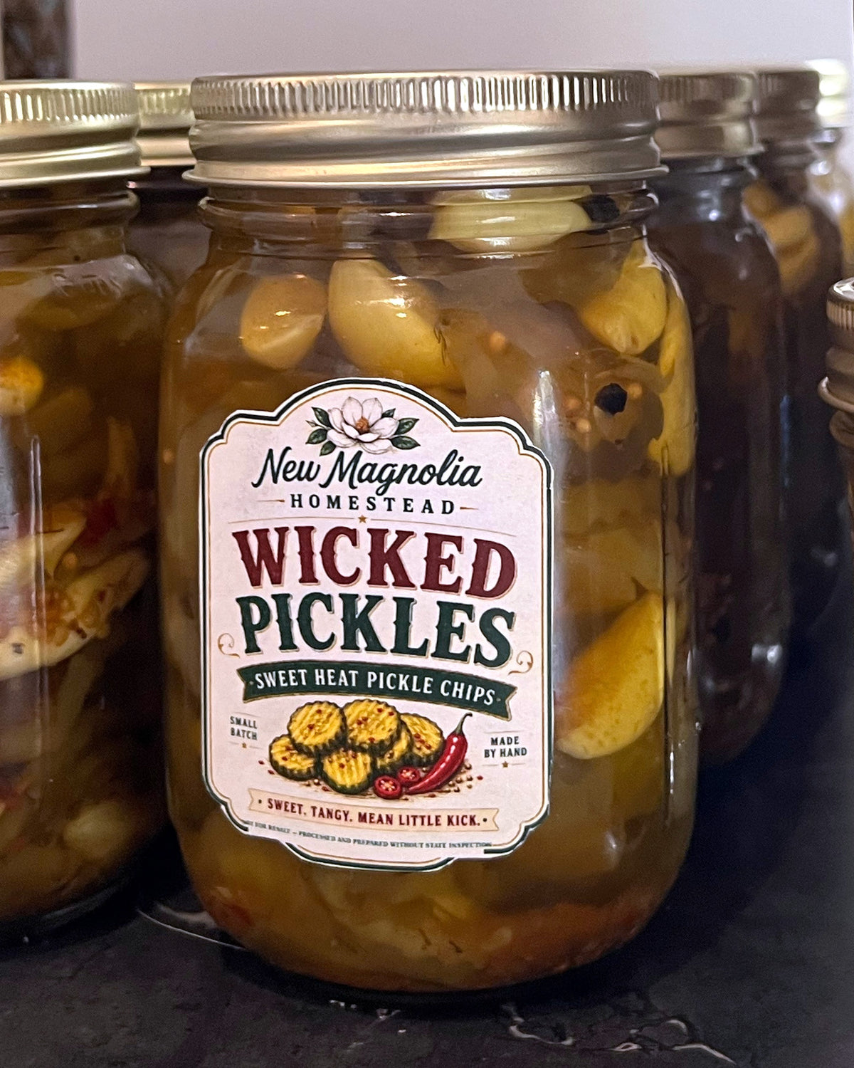 New Magnolia Homestead Wicked Pickles sweet heat pickle chips, pint jar