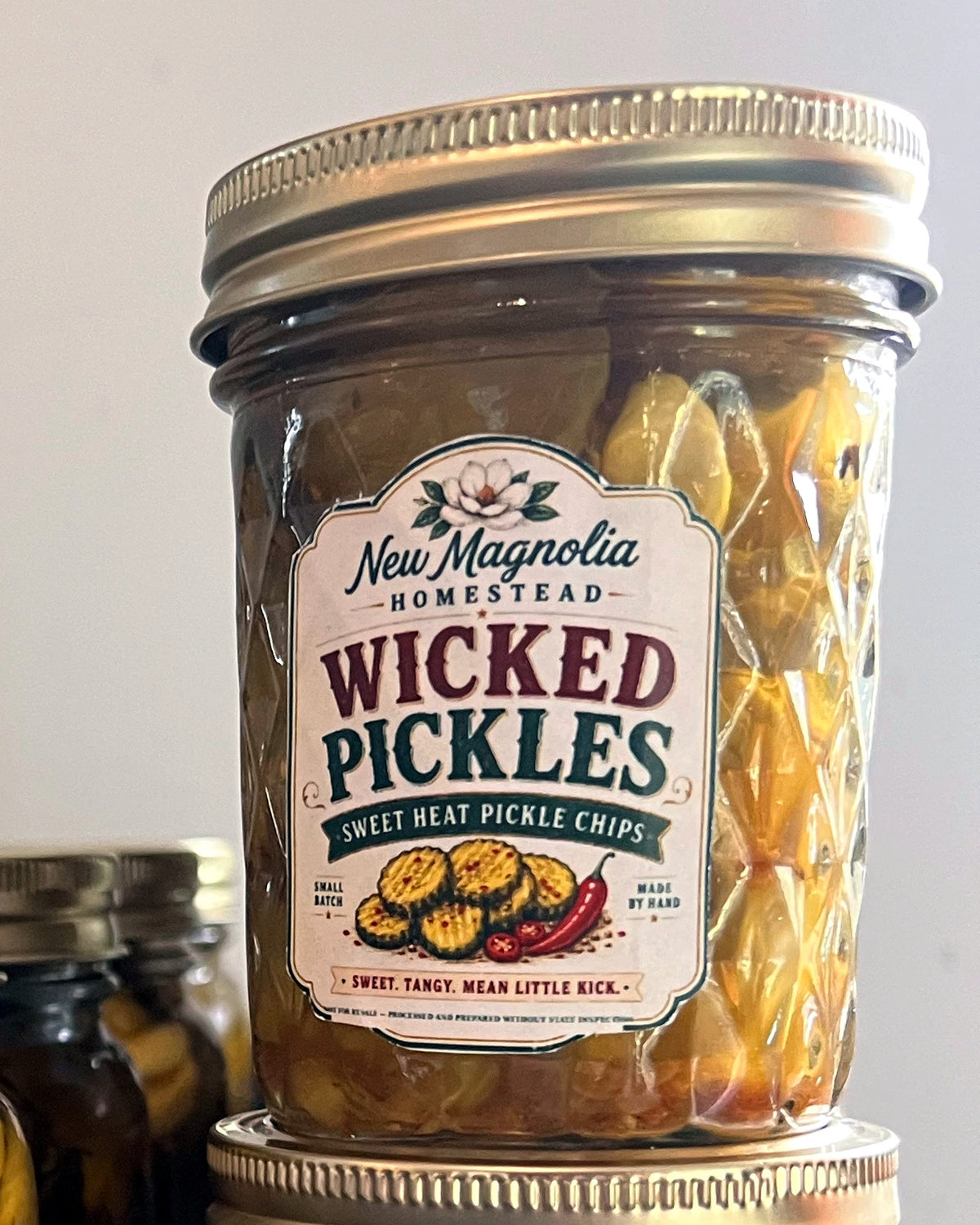 New Magnolia Homestead Wicked Pickles sweet heat pickle chips, small quilted jelly jar
